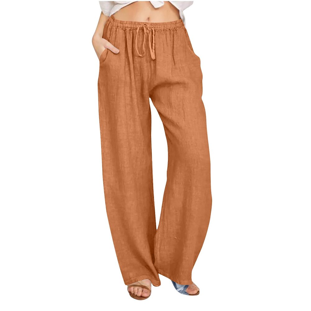 ABOUTYES Linen Pants Women Summer 2024 Casual Drawstring Elastic Waist Cotton Long Wide Leg Pant Lounge Trousers with Pockets