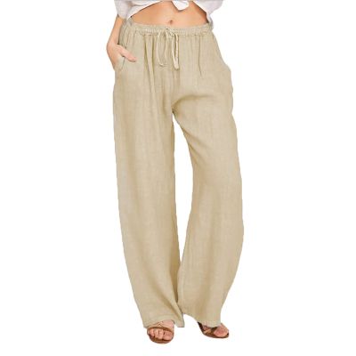 ABOUTYES Linen Pants Women Summer 2024 Casual Drawstring Elastic Waist Cotton Long Wide Leg Pant Lounge Trousers with Pockets