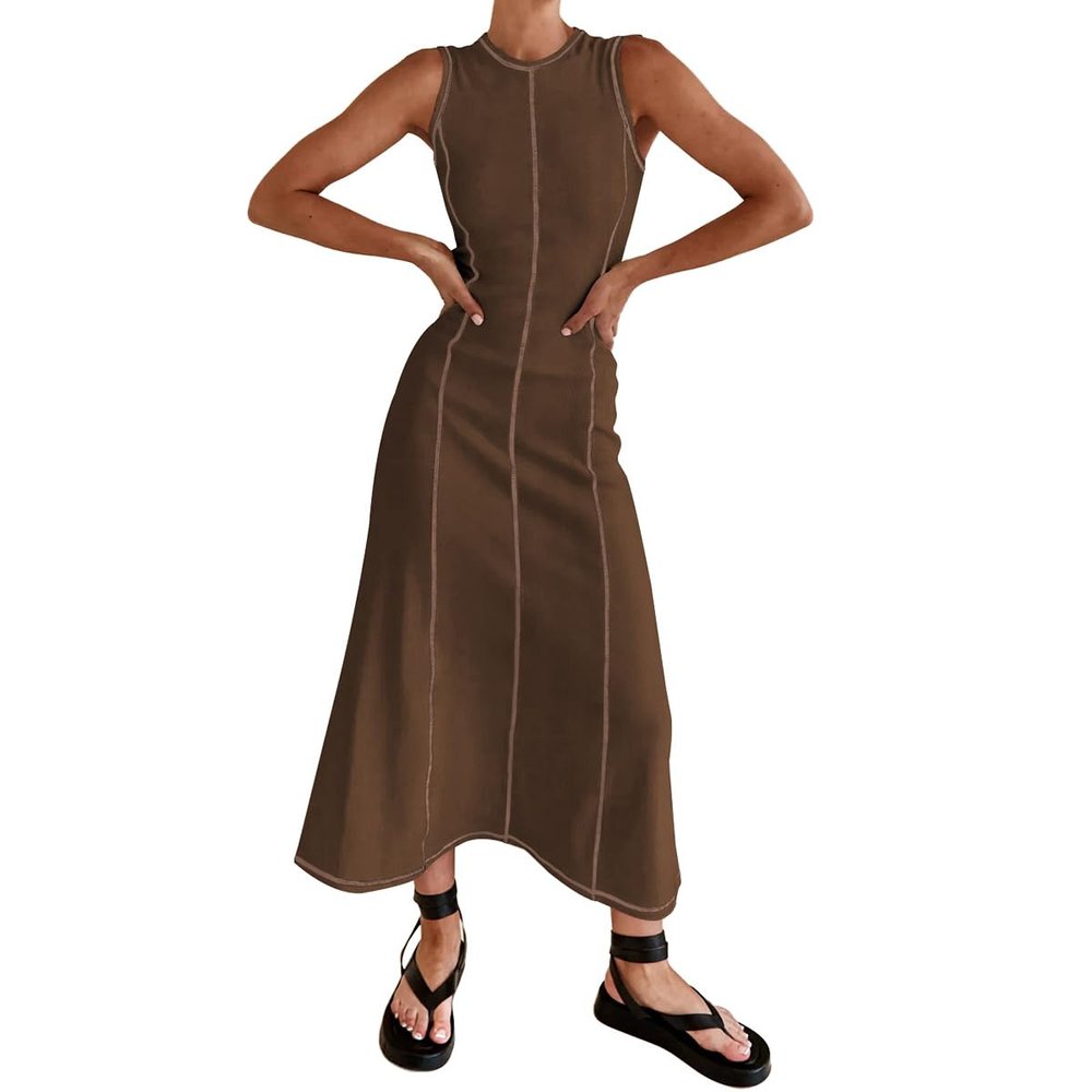 ABEHIK Women's Sleeveless Tank Dress Summer T Shirt Dress Crew Neck Contrast Stitch Ribbed Knit Tank Maxi Dresses Midi Length Casual Beach Long Bodycon Dress Brown M