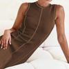 ABEHIK Women's Sleeveless Tank Dress Summer T Shirt Dress Crew Neck Contrast Stitch Ribbed Knit Tank Maxi Dresses Midi Length Casual Beach Long Bodycon Dress Brown M view 2