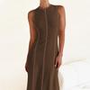 ABEHIK Women's Sleeveless Tank Dress Summer T Shirt Dress Crew Neck Contrast Stitch Ribbed Knit Tank Maxi Dresses Midi Length Casual Beach Long Bodycon Dress Brown M view 4