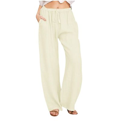 ABOUTYES Linen Pants Women Summer 2024 Casual Drawstring Elastic Waist Cotton Long Wide Leg Pant Lounge Trousers with Pockets