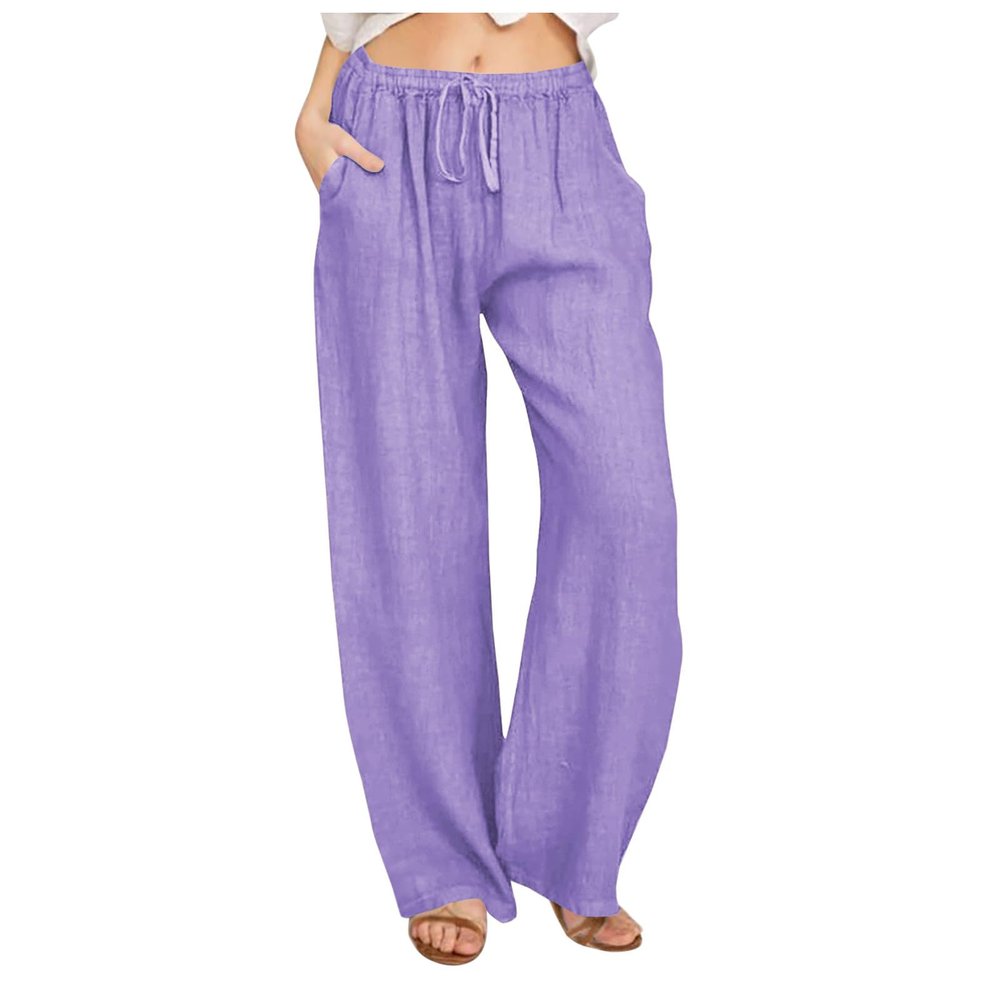 ABOUTYES Linen Pants Women Summer 2024 Casual Drawstring Elastic Waist Cotton Long Wide Leg Pant Lounge Trousers with Pockets