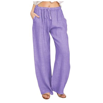 ABOUTYES Linen Pants Women Summer 2024 Casual Drawstring Elastic Waist Cotton Long Wide Leg Pant Lounge Trousers with Pockets