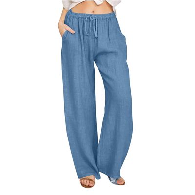 ABOUTYES Linen Pants Women Summer 2024 Casual Drawstring Elastic Waist Cotton Long Wide Leg Pant Lounge Trousers with Pockets