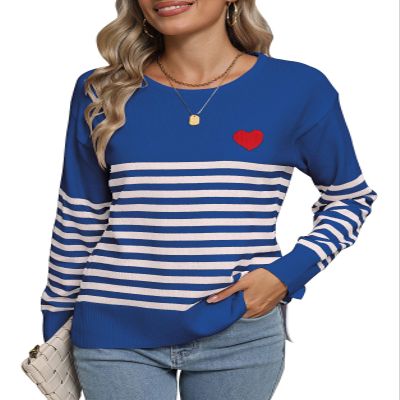 Drvitor Womens Striped Sweater Long Sleeve Crew Neck Color Block Knitted Casual Pullover Sweater (Blue&White, Small)