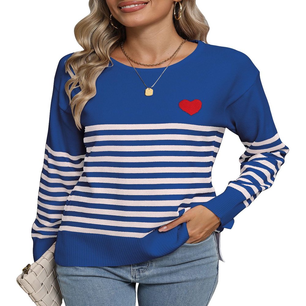 Drvitor Womens Striped Sweater Long Sleeve Crew Neck Color Block Knitted Casual Pullover Sweater (Blue&White, Small)