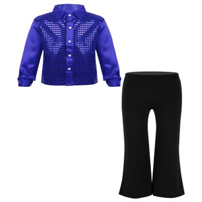 HULIJA Kids Boys Sequins Dance Outfits Dance Shirts with Pants Latin Jazz Modern Ballroom Dancewear Disco Party Costume Blue 14 Years