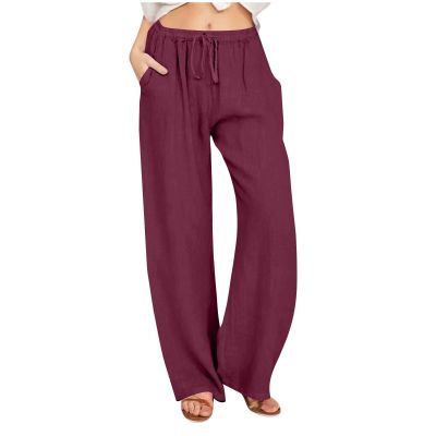 ABOUTYES Linen Pants Women Summer 2024 Casual Drawstring Elastic Waist Cotton Long Wide Leg Pant Lounge Trousers with Pockets