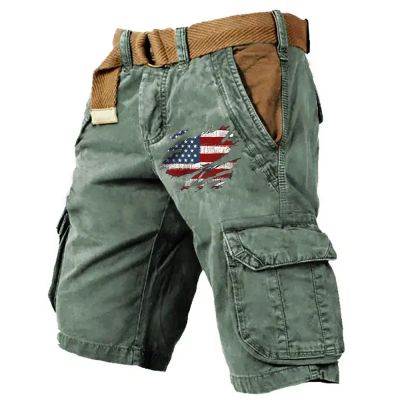 WENKOMG1 Mens Cargo Shorts 4th of July Outdoor Tactical Shorts Patritotic Printed Distressed Washed Military Shorts, Mens Shorts Summer Shorts for Men Casual Shorts Active Shorts(Dark Green,Medium)