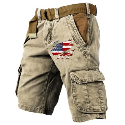 WENKOMG1 Mens Cargo Shorts 4th of July Outdoor Tactical Shorts Patritotic Printed Distressed Washed Military Shorts, Mens Shorts Summer Shorts for Men Casual Shorts Active Shorts(Khaki,X-Large)
