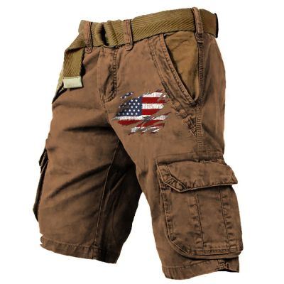 WENKOMG1 Mens Cargo Shorts 4th of July Outdoor Tactical Shorts Patritotic Printed Distressed Washed Military Shorts, Mens Shorts Summer Shorts for Men Casual Shorts Active Shorts(Coffee,3X-Large)
