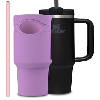 Silicone Boot for Stanley Cup 40 oz Bottom Protector & Replacement 12 Straw Set Compatible for Stanley Tumbler Accessories Quencher with Handle Full Body Sleeve Case Anti-Slip (Pink Purple)