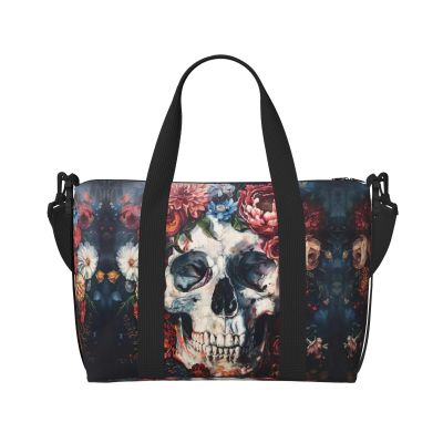 Floral Skull Print Portable Travel Duffel Bag,Ideal For Business And Private Travel