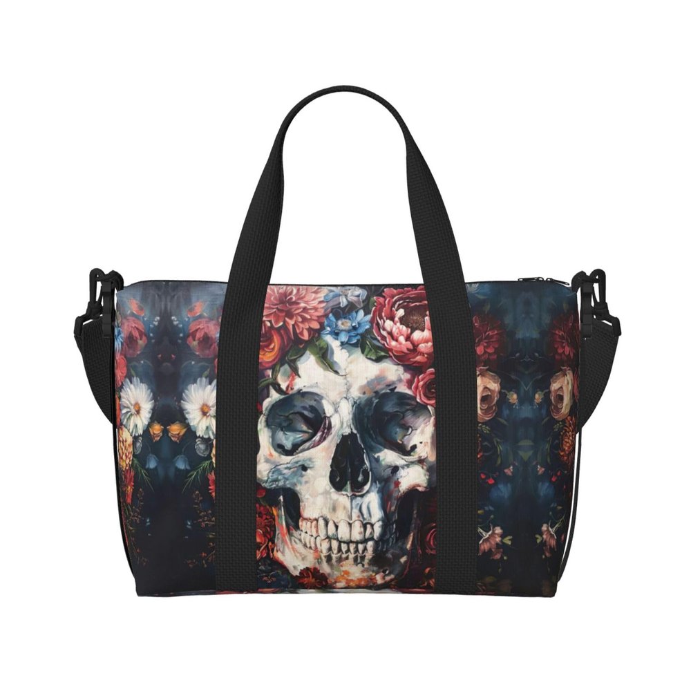 Floral Skull Print Portable Travel Duffel Bag,Ideal For Business And Private Travel