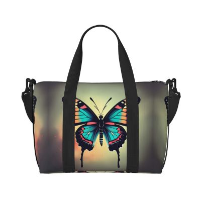 SSIMOO Hand Drawn Color Butterfly 2 Print Portable Travel Duffel Bag,Ideal For Business And Private Travel, Black