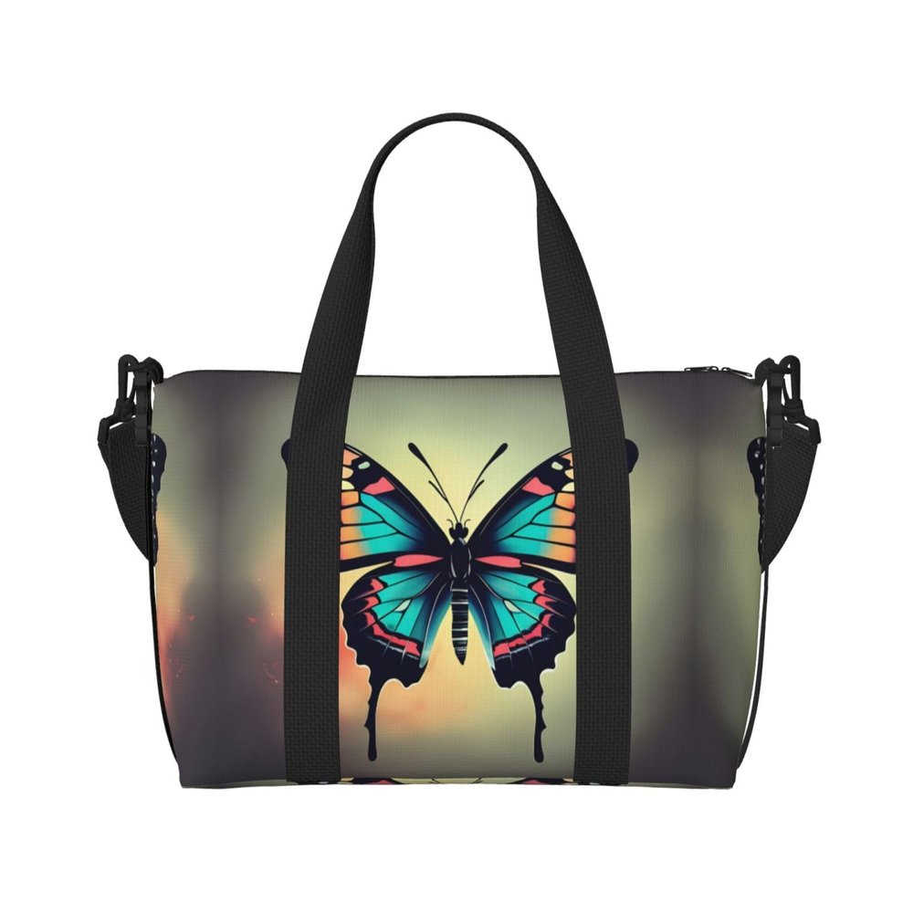 SSIMOO Hand Drawn Color Butterfly 2 Print Portable Travel Duffel Bag,Ideal For Business And Private Travel, Black