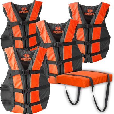 Hardcore Life Jacket 4 Pack Paddle Vest for Adults with Type IV Boat Cushion; Coast Guard Approved Type III PFD Life Vest Flotation Device; Jet ski, Wakeboard, Hardshell Kayak Life Jacket Neon Orange