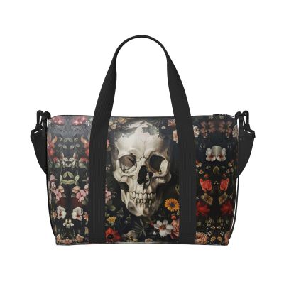 SSIMOO Floral Skull Print Portable Travel Duffel Bag,Ideal For Business And Private Travel, Black