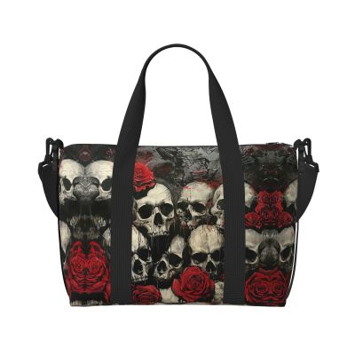 SSIMOO Skull And Red Rose Print Portable Travel Duffel Bag,Ideal For Business And Private Travel, Black