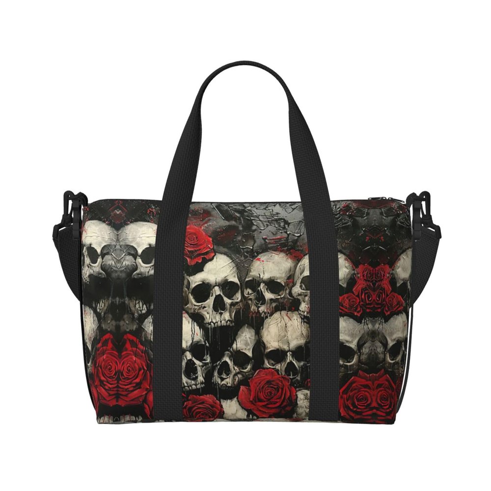 SSIMOO Skull And Red Rose Print Portable Travel Duffel Bag,Ideal For Business And Private Travel, Black