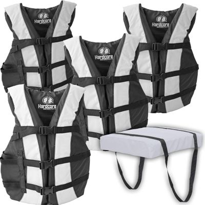Hardcore Life Jacket 4 Pack Paddle Vest for Adults with Type IV Boat Cushion; Coast Guard Approved Type III PFD Life Vest Flotation Device; Jet ski, Wakeboard, Hardshell Kayak Life Jacket White