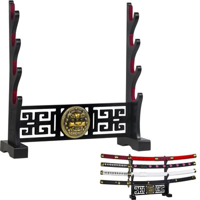 Logest Sword Stand - 4 Tier Options Available - Crafted Using Wood Katana Holder - Furnished in Black with a Gold Lions Head - Desirable Sword Display Gift Option - Sword Holder Katana Stand