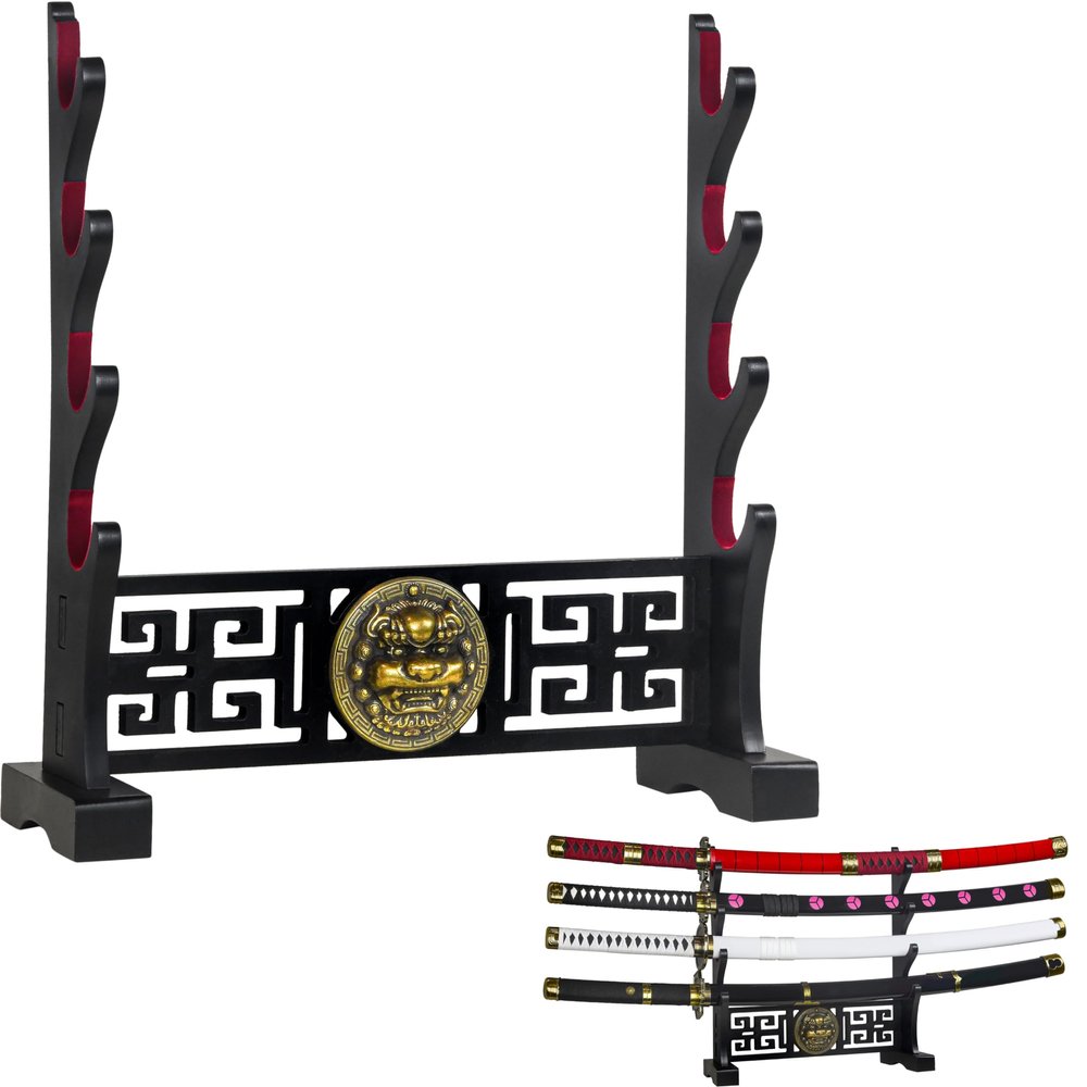 Logest Sword Stand - 4 Tier Options Available - Crafted Using Wood Katana Holder - Furnished in Black with a Gold Lions Head - Desirable Sword Display Gift Option - Sword Holder Katana Stand