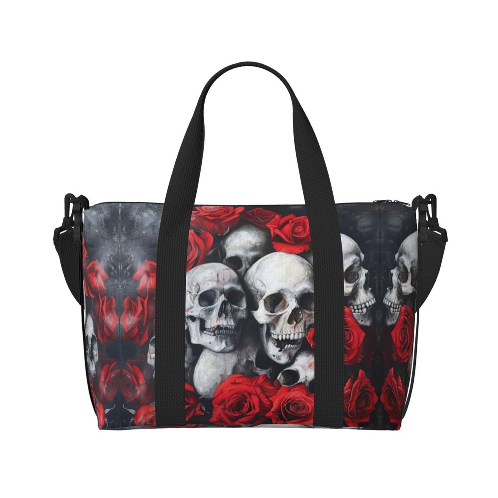 SSIMOO Skull And Red Rose Print Portable Travel Duffel Bag,Ideal For Business And Private Travel, Black