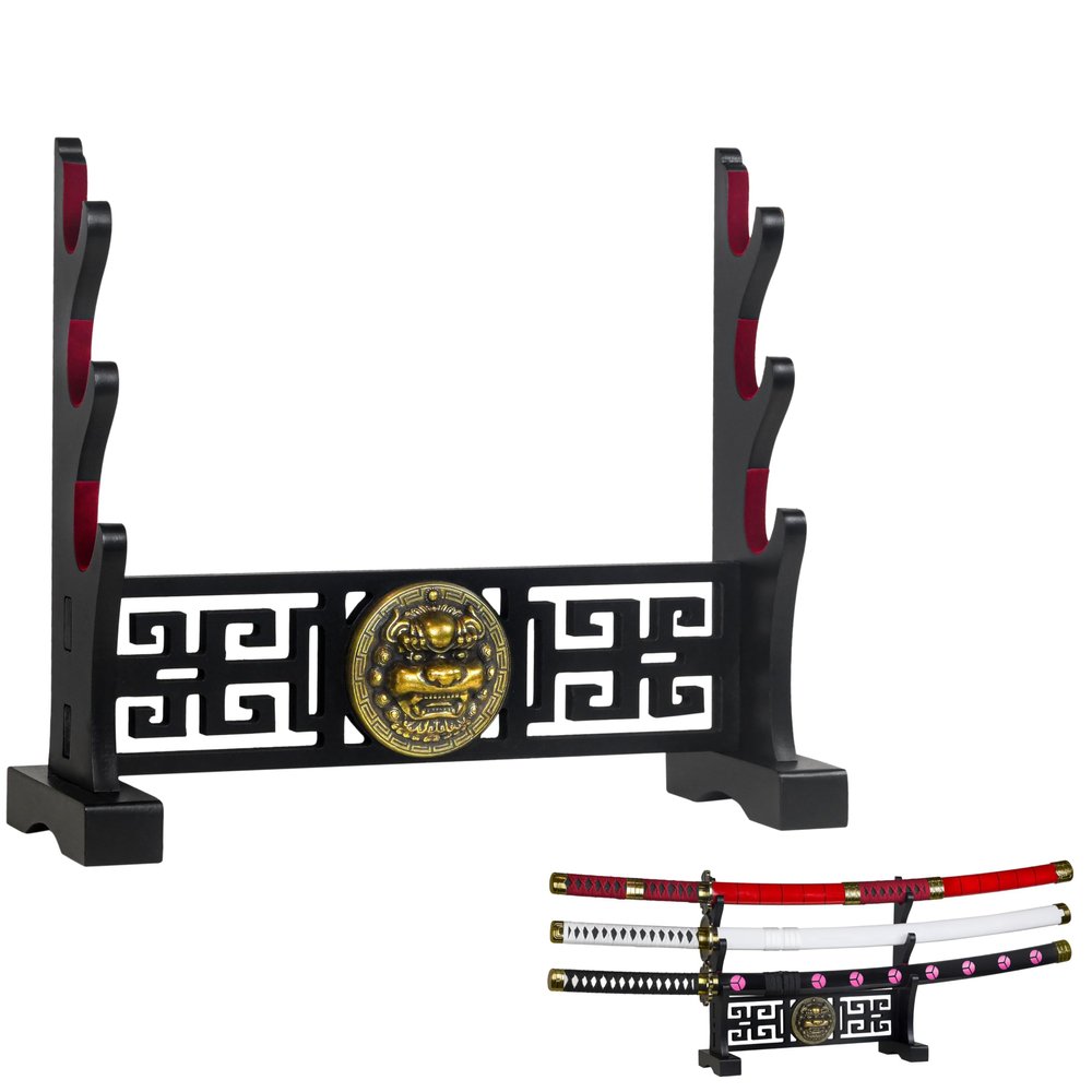 Logest Sword Stand - 4 Tier Options Available - Crafted Using Wood Katana Holder - Furnished in Black With a Gold Lions Head - Desirable Sword Display Gift Option - Sword Holder Katana Stand (3-Tier)