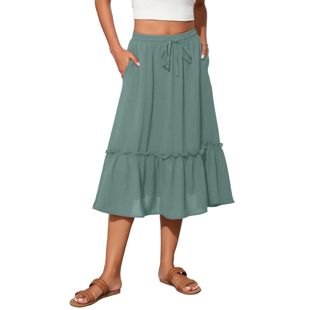 Witsmile Summer Skirts for Women 2026 Elastic Waist Floral Printed Midi Skirt with Pockets(Sage Green,2XL)