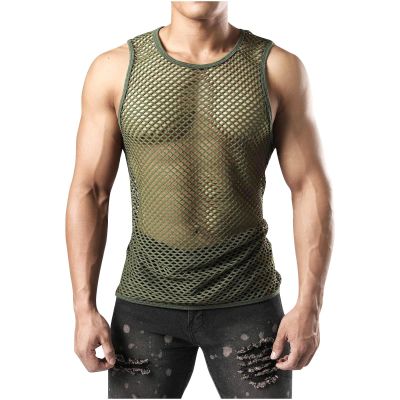Men's See Through Mesh Fishnet Tank Tops Fitted Sleeveless Muscle T Shirts Summer Night Club Beach Hollow Out Shirts Army Green