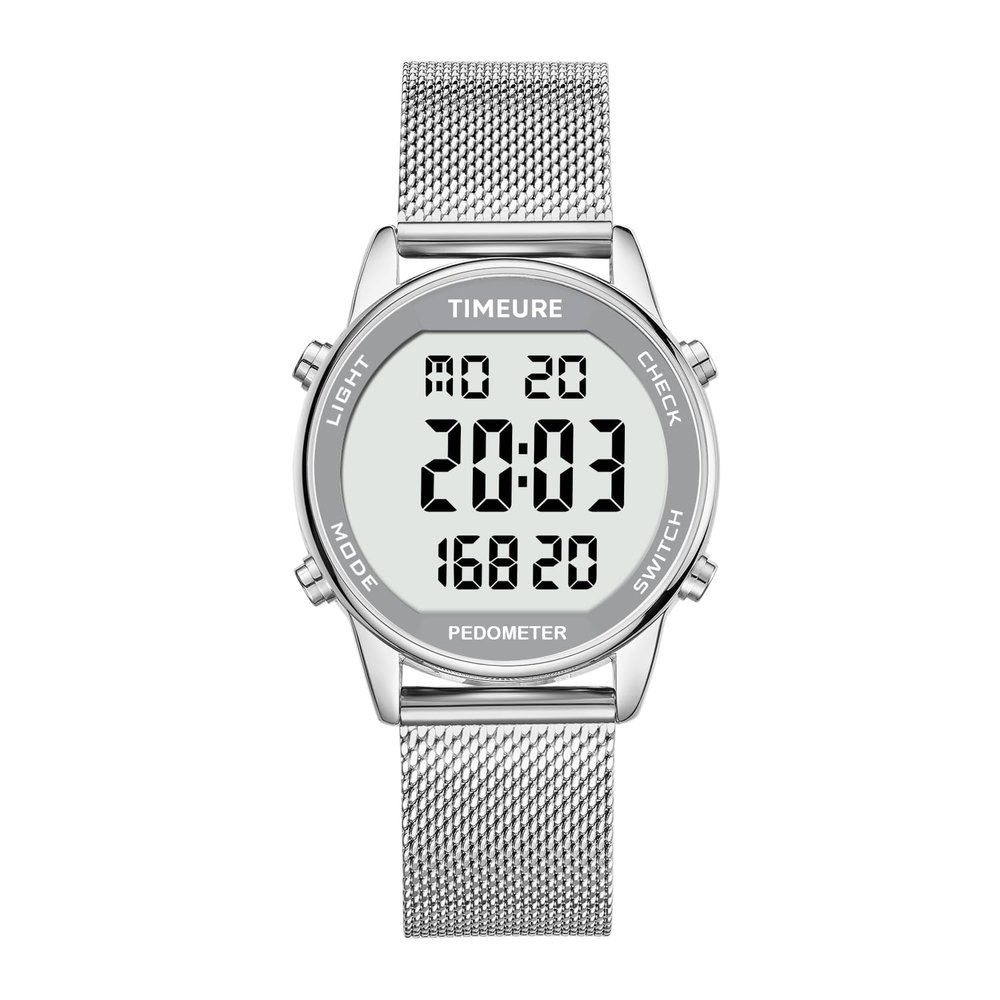 TIMEURE Women's Step Counter Watch with Stainless Steel Bracelet, Stylish Design, No App, No Charging Needed for Step, Calorie, Distance Tracking, Alarm, Countdown TimerTU-2401 (SR), Silver