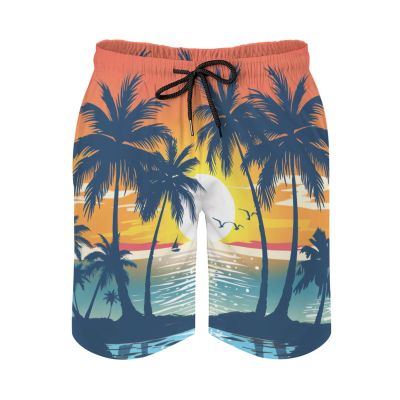 Boho Coconut Tree Sunset Men's Swim Trunks Seagull Boat Beach Shorts Hawaii Summer Drawstring Swimsuit with Pockets l