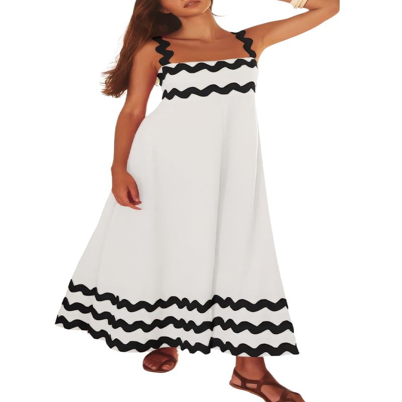 ebossy Women's 2024 Summer Trendy Shirred Floral Boho Long Dress Rickrack Spaghetti Straps Flowy Beach Sundress (X-Large, Black/White)