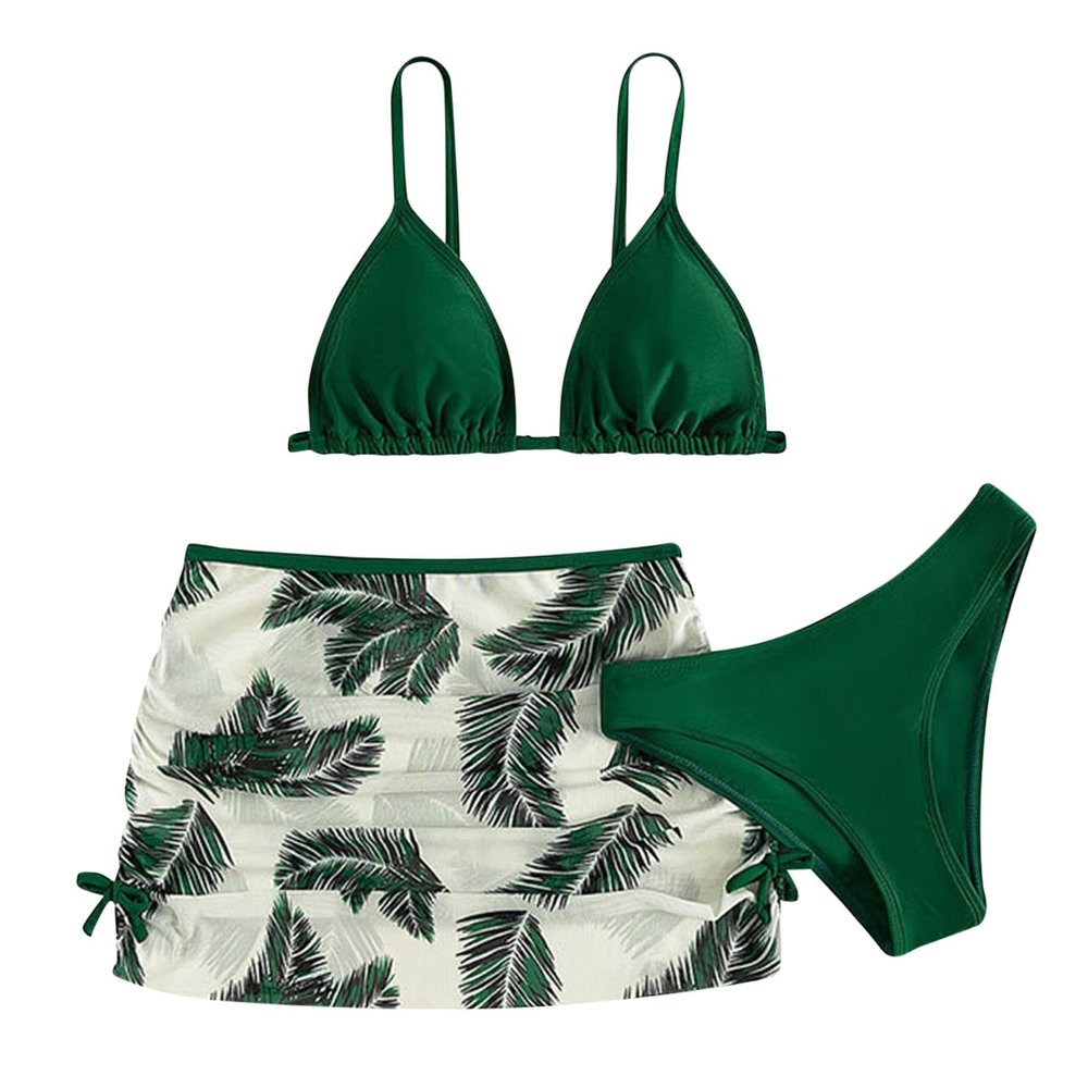 NineFit Basics Big Kids Girls Solid Bikini Sets Bathing Suit with Leaf Print Cover Up Skirt 3 Pice Summer Beach (Green, 6-9 Years)