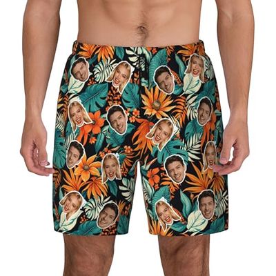 Custom Mens Swim Trunks Personalized Board Shorts with Face USA Flag Quick Dry Swimsuit Bathing Suit Compression Liner Hawaiian Beach Shorts with Pockets Style 01
