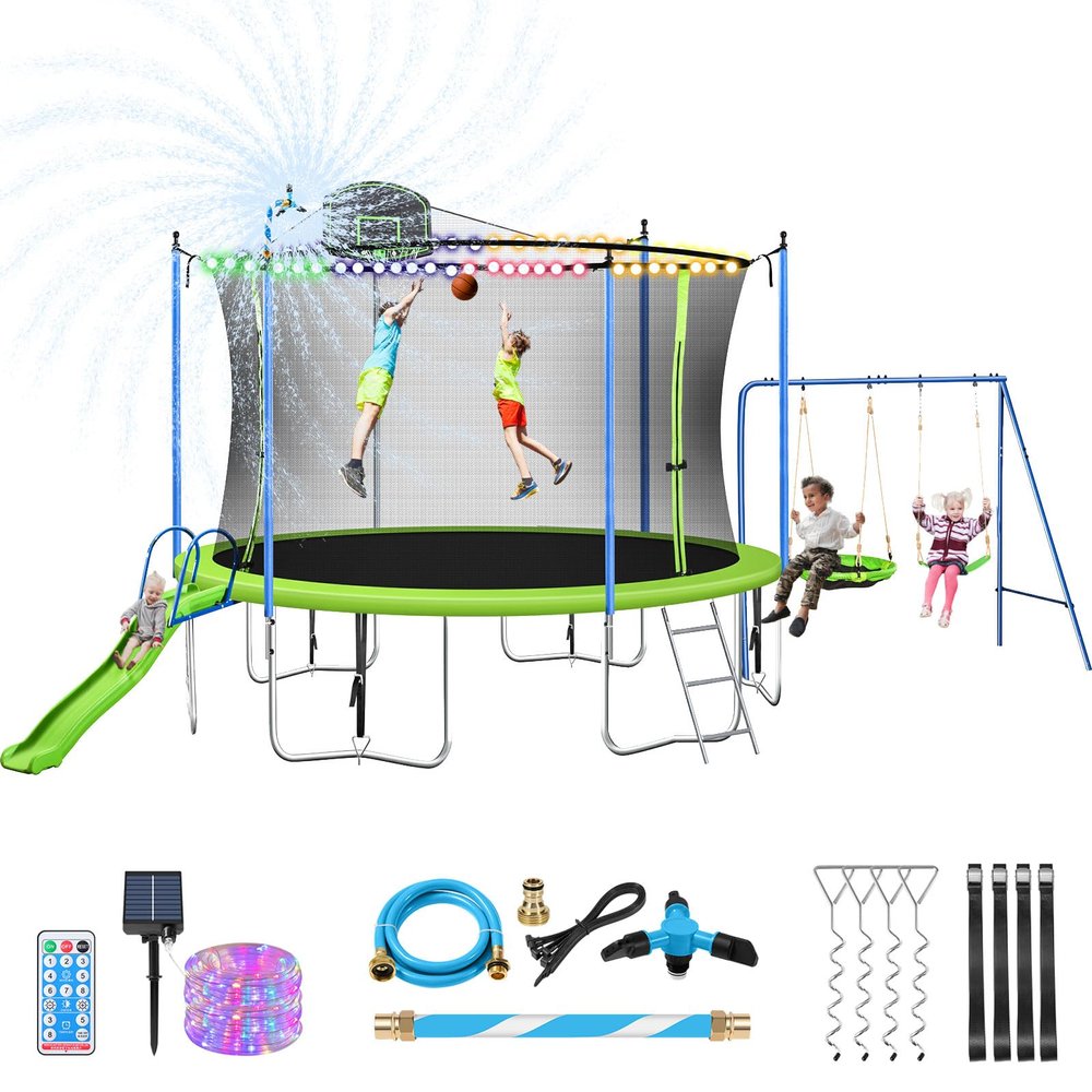 Lyromix 14FT Trampoline with Slide and Swings, ASTM Approved Outdoor Trampoline Set with Basketball Hoop and Ladder, Net, Capacity for 5-7 Kids and Adults