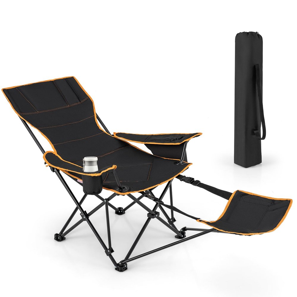 Goplus Reclining Camping Chair with Removable Footrest, 2-in-1 Folding Lounge Chair w/Adjustable Backrest Storage Bag & Cup Holder,Portable Recliner Cozy Lounge Chair for Picnic, Fishing (1)