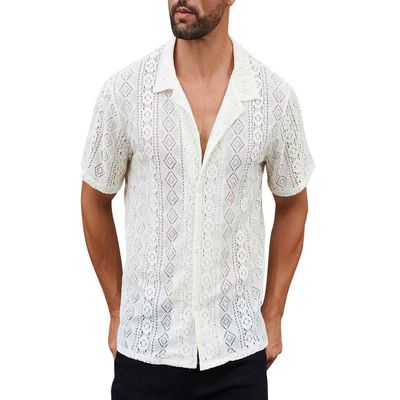 ABAFIP Men's Floral Sheer Lace Shirt Casual Button Down Short Sleeve Cuban Mesh Beach Shirts Beige Large