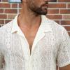 ABAFIP Men's Floral Sheer Lace Shirt Casual Button Down Short Sleeve Cuban Mesh Beach Shirts Beige Large view 2