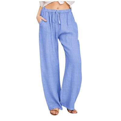 ABOUTYES Linen Pants Women Summer 2024 Casual Drawstring Elastic Waist Cotton Long Wide Leg Pant Lounge Trousers with Pockets