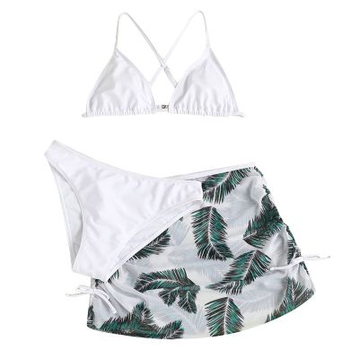 NineFit Basics Big Kids Girls Solid Bikini Sets Bathing Suit with Leaf Print Cover Up Skirt 3 Pice Summer Beach (White, 12-14 Years)