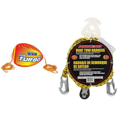 WOW Sports Ski Tow Rope Bundle - 60ft 4K Tow Turbo Rope, 12ft Self Centering Harness for 1-2 Rider Tubes & Wakeboards