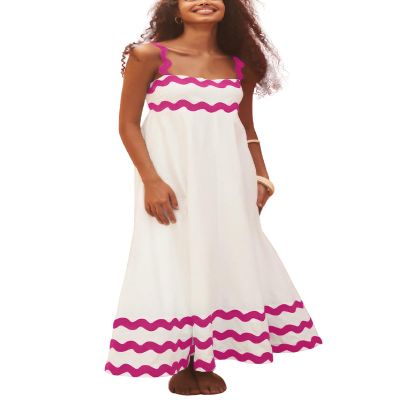 ebossy Women's 2024 Summer Trendy Shirred Floral Boho Long Dress Rickrack Spaghetti Straps Flowy Beach Sundress (X-Large, Rosed)