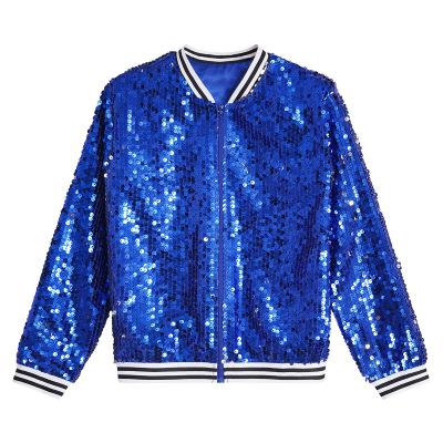 Freebily Girls Sequin Bomber Jacket Lightweight Sparkle Long Sleeve Zipper Jacket Coat for Kids Dancing Club Party Top Royal Blue 16 Years