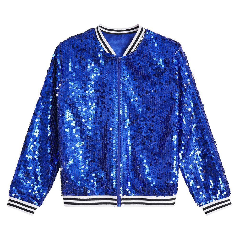 Freebily Girls Sequin Bomber Jacket Lightweight Sparkle Long Sleeve Zipper Jacket Coat for Kids Dancing Club Party Top Royal Blue 16 Years