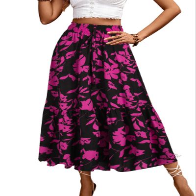 BARASA Summer High Elastic Waist Skirt for Women Casual Trendy Tie Front Flowy Ruffle Pleated Floral Print Long A Line Skirts 8627 Black Rose L