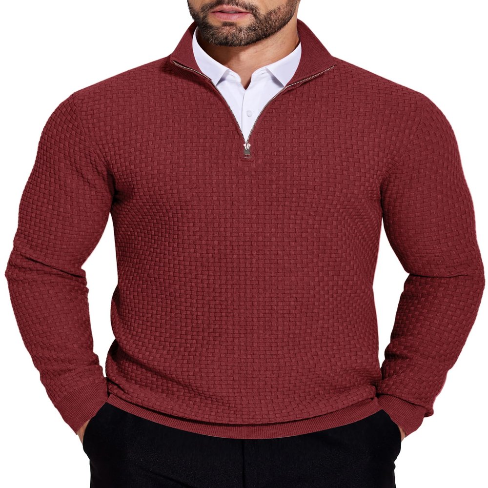 COOFANDY Men's Knitted Pullover Sweaters Slim Fit Quarter Zip Sweater Lightweight Casual Long Sleeve Sweater Wine Red