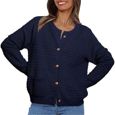 Women's Crew Neck Button Up Cardigan Short Sweater Jacket with Pockets Indoor Outdoor(Color:Blue,Size:Large)